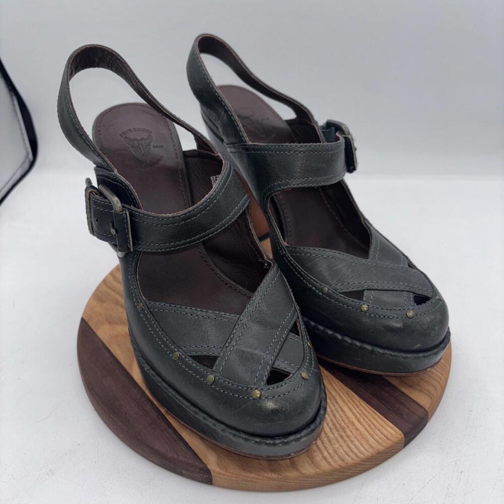 Frye Goldie Slingback Block Chunky Heel Sandal Vtg‎ Buckle Rare Green Leather 8M